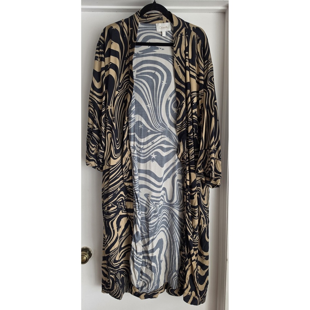 Cleobella Kimono L Black Tan Long Sleeve Boho Wrap Cardigan Robe Cover Up